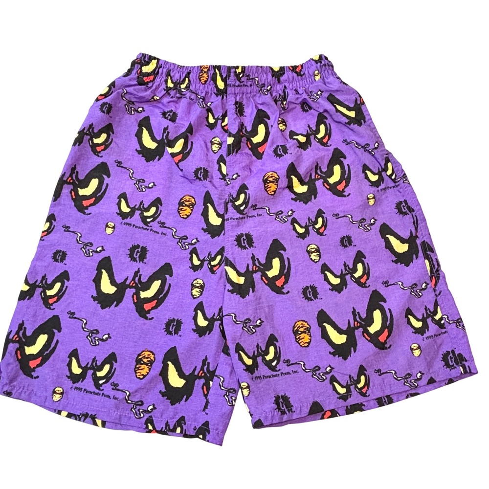 Vtg 90s Goosebumps Parachute Press swim shorts men's small Purple Monster Print